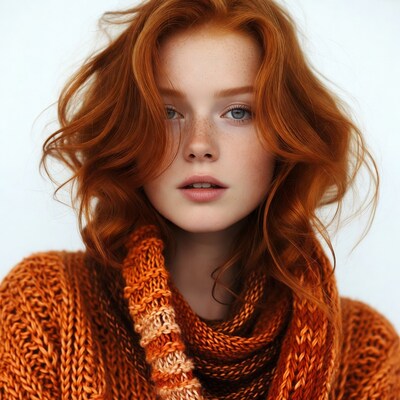 Redhead woman in orange knit scarf