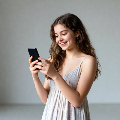 Teen girl smiling at smartphone