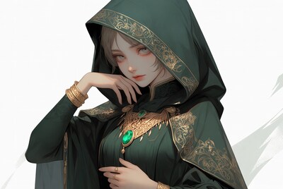 Anime girl in green hooded robe