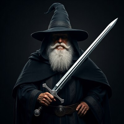 Elderly wizard holding sword