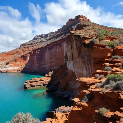 Red Rock Cliffs Over Turquoise Lake