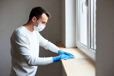 Man cleaning window sill with mask