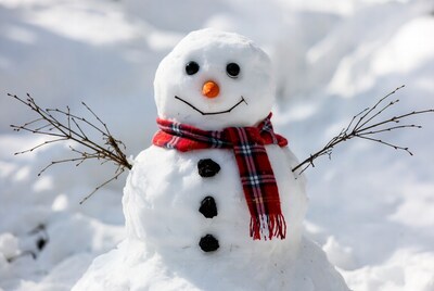 Snowman with plaid scarf in snow