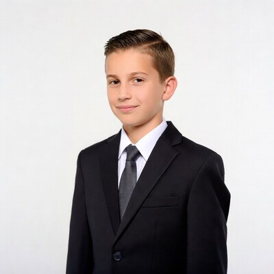 Boy in black suit smiling