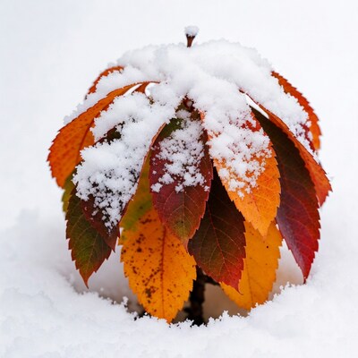 Autumn Leaves Covered in Snow