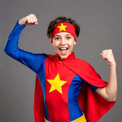 Girl flexing muscles in superhero costume