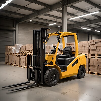 Yellow Forklift in Warehouse with Pallets