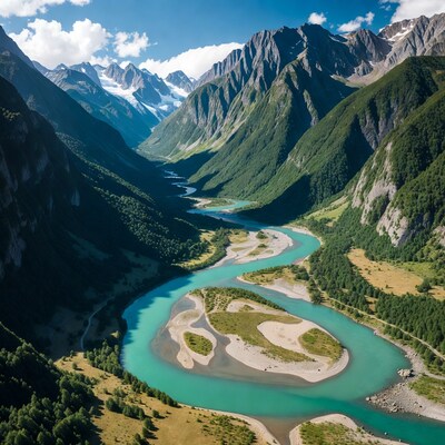 Turquoise River in Snowy Mountain Valley