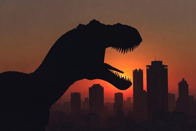 T-Rex Silhouette Over City Sunset