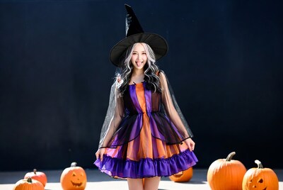 Asian woman in witch costume with pumpkins