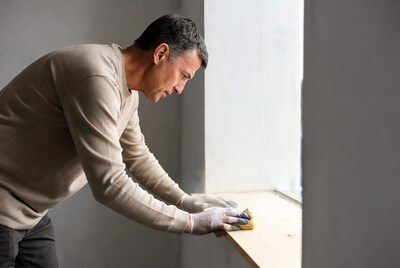 Man sanding wood with sponge