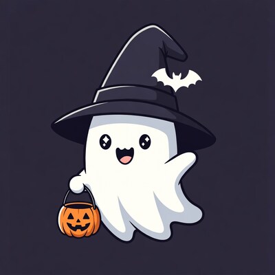 Cute ghost witch with pumpkin basket