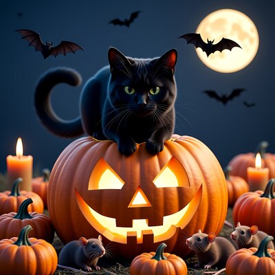 Black Cat on Jack-o'-lantern with Rats