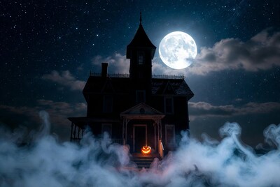 Haunted House with Jack-o'-lantern Under Full Moon