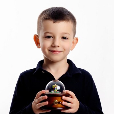 Boy holding music box globe