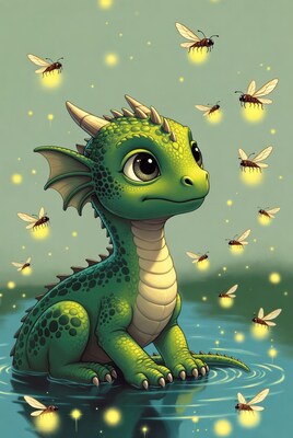 Cute baby dragon with fireflies
