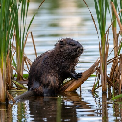 Wet baby beaver on log