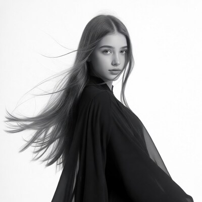Girl with flowing hair in black dress