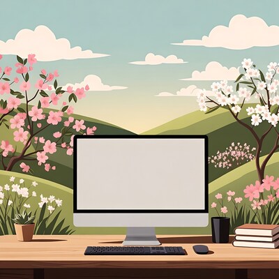 Desktop Computer with Blank Screen in Spring Landscape