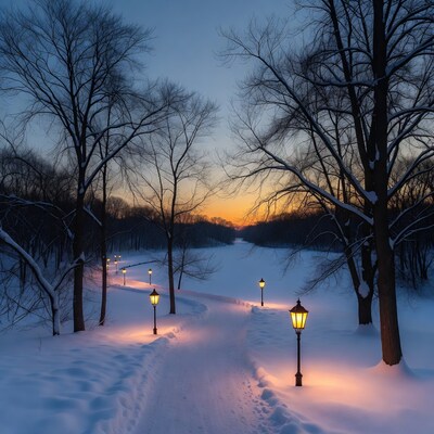 Snowy Path with Lit Lanterns at Sunset