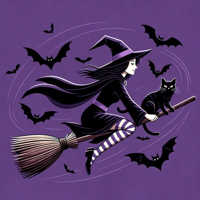 Witch flying on broom with cat