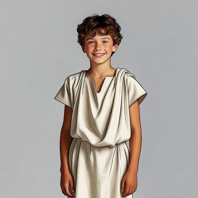 Boy in white toga smiling