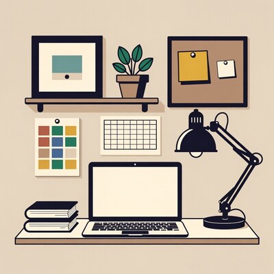 Minimalist Desk with Laptop and Lamp