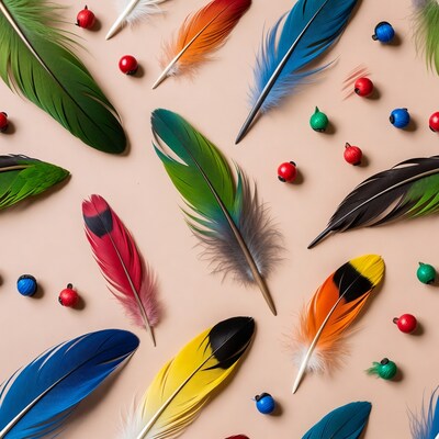 Colorful Feathers and Berries on Pink Background