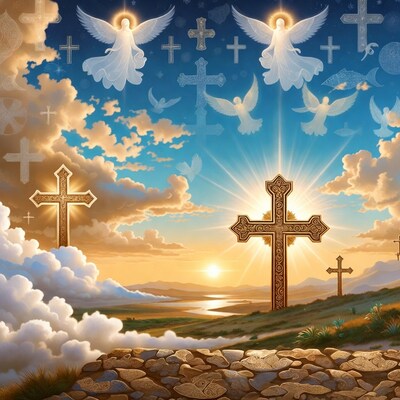 Angels and Crosses at Sunset Landscape