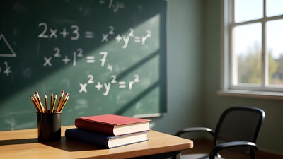 Classroom Desk with Math Equations Blackboard