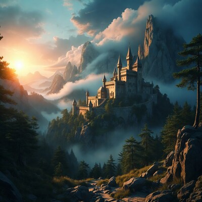 Medieval Castle on Mountain at Sunset
