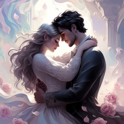 Romantic couple embracing with roses