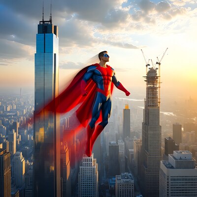 Superman flying over city skyline