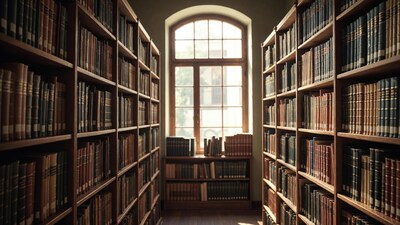 Library aisle with arched window