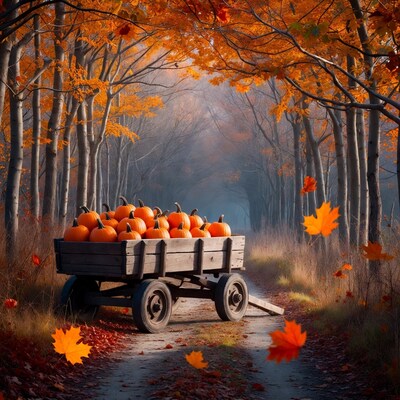 Pumpkin-Filled Wagon in Autumn Forest