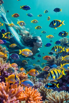 Mermaid swimming with colorful fish