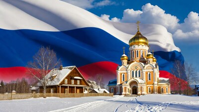 Russian Orthodox Church with Flag in Snow