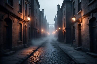 Foggy Victorian Alley with Gas Lamps