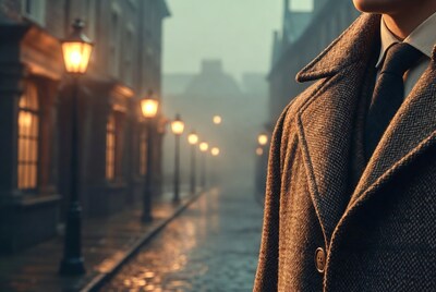 Man in trench coat on foggy street