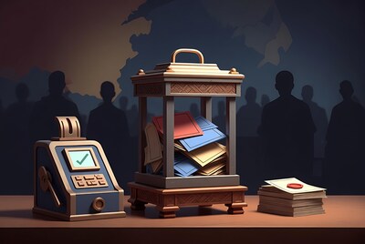 3D Rendered Ballot Box with Cash Register
