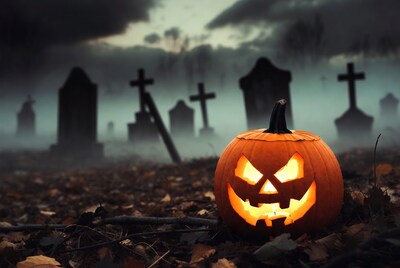Jack-o'-lantern in foggy graveyard