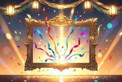 Golden Ornate Frame with Ribbons and Confetti
