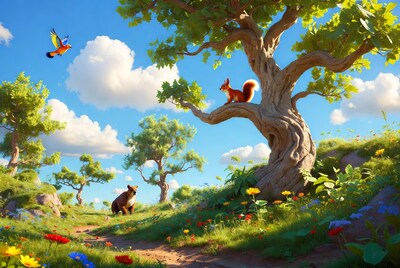 Squirrel on Tree with Bear and Bird