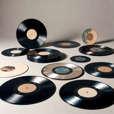 Vinyl Records on Gray Background