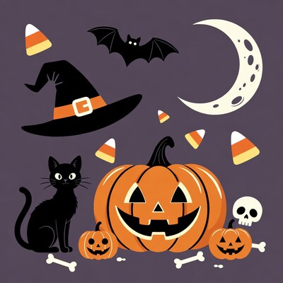 Halloween Jack-o-Lantern Black Cat Illustration