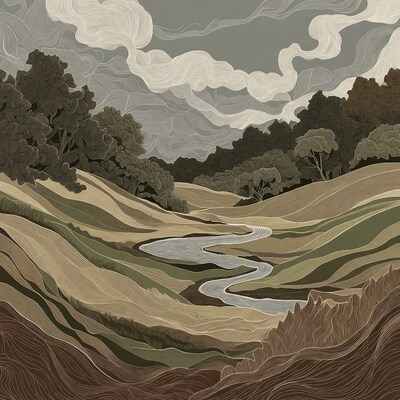 Winding River in Hilly Landscape Illustration