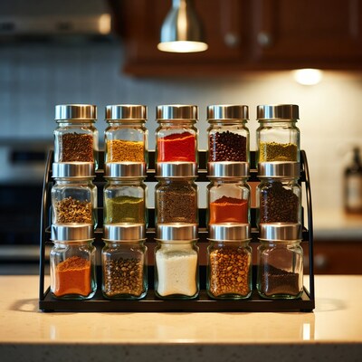 Spice Rack with Glass Jars on Counter