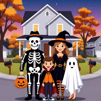Halloween family in costumes outside house