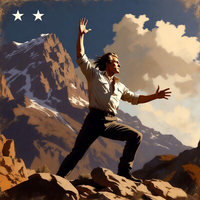 Man raising arms on mountain peak