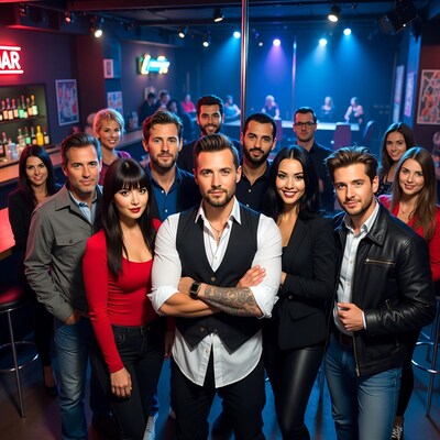 Diverse group posing in strip club bar